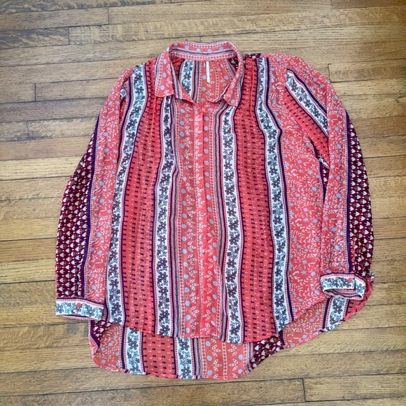 Free People moonlight miles coral patterned sheer blouse Size Large Boho - Picture 4 of 9